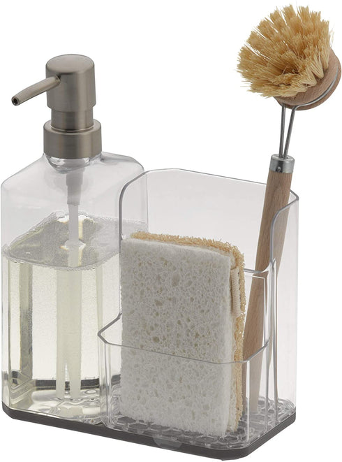 Spectrum Diversified Hexa Sponge & Brush Kitchen Organizer with Refillable Soap Pump, Sponge & Dish, Easy-Clean Sink Organization & Dish Brush Holder with Removable Base, Clear/Gray