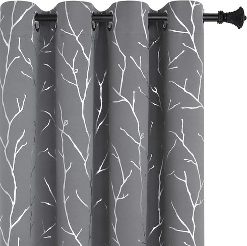 BUHUA Light Grey Blackout Bedroom Curtains,Black Out cCurtains 63 Inch Long 2 Panels,Window Curtains Panels,Thermal Insulated Windproof Elegant Tree Branches Silver Print Drapes 38W x 63L