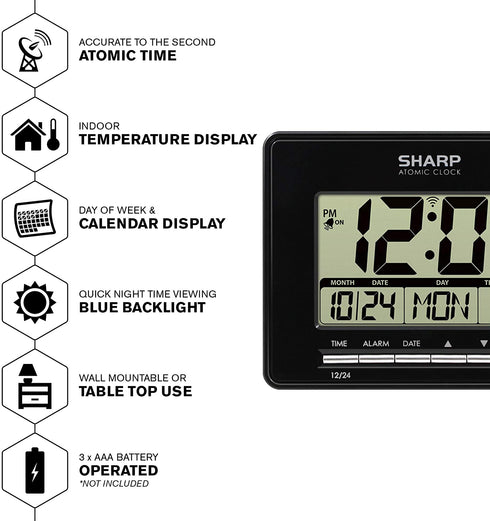 Sharp Atomic Desktop Clock Auto Set Digital Alarm Clock - Atomic Accuracy - Easy to Read Screen with Time/Date/Temperature Display- Perfect for Nightstand or Desk