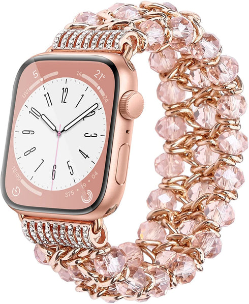 Bling Beaded Bracelet Compatible for Apple Watch 38mm 40mm 41mm 42mm 44mm 45mm 49mm Band,Fohuas Luxury Crystal Glitter Beads Pearl Bangle for iWatch Ultra Series SE 8 7 6 5 4 3 2 1 Glitter Metal Chain Elastic Stretch Jewelry Strap for iphone watch Women G