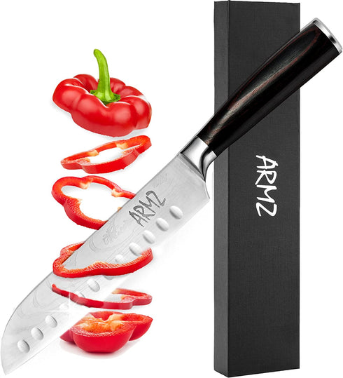 ARMZ Santoku Knife - Dishwasher Safe Japenese Chef Knife - Rust Resistant - 7 Inch - Multifunctional Chopping Knife for Meat and Vegetables - Includes Pakkawood Handle and Gift Box