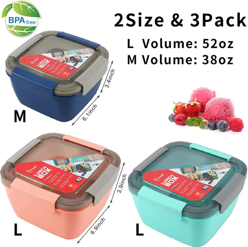3 Pack Salad Lunch Containers To Go, Vivimee 52 Oz & 38 Oz Large Lunch Containers, 3-Compartment with Dressing Container, Built-in spoon, Reusable Salad Bowl, Salad Containers for Lunch, Fruit, Snack