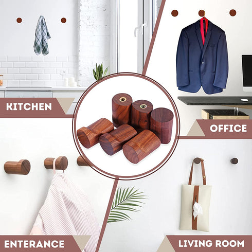 Upsole 6 Pack Walnut Wood Coat Hooks - Wooden Wall Hooks for Home and Office - Decorative Wall Mounted Hat Hooks and Hanging Washroom Towels Garments Wood Towel Hook