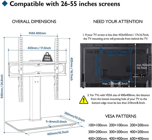 BONTEC Swivel Table Top TV Stand for 26-55 LED OLED LCD Plasma Flat Curved Screens Height Adjustable Glass Base Max, VESA 400x400mm up to 99lbs