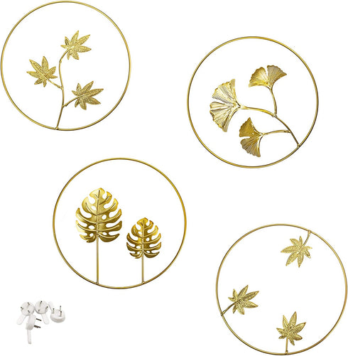 Tinsow 9.5 Inch Iron Wall Sculptures,Gold Metal Ginkgo, Maple, Monstera Leaf Wall Decor Round Wall Ornaments,Easy Installation Great for Bedroom Hanging Parts Hotel Wall Decoration (Gold, 4)