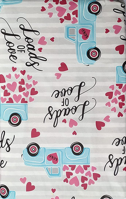 Delivering Loads of Love Valentine's Day Vinyl Tablecloth with Blue Pick Up on White and Gray Striped Background - Flannel Backing (52" x 70" Oblong)