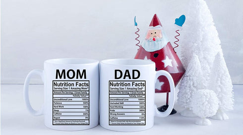 Mom & Dad Nutritional Facts 11oz White Ceramic Funny Couple Coffee Mugs Set For Husband and Wife Him And Her Gifts Mr & Mrs Gift Anniversary Mom and Dad Present Tea Cup - By AW Fashions