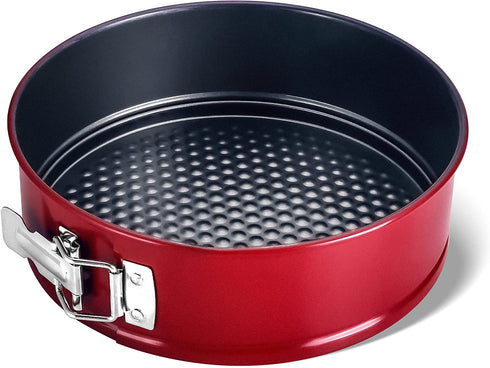 HONGBAKE 7 Inch Springform Pan with Texture, Cheesecake Pans with Leakproof Removable Bottom, Nonstick Round Cake Tin for Baking Smash Cake, Pie, Quiches, Pizza - Red & Dark Grey