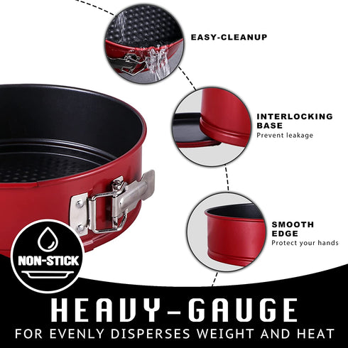HONGBAKE 7 Inch Springform Pan with Texture, Cheesecake Pans with Leakproof Removable Bottom, Nonstick Round Cake Tin for Baking Smash Cake, Pie, Quiches, Pizza - Red & Dark Grey