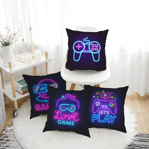 ZFYIPOK Gamer Throw Pillow Case, 18x18 Pillow Cover Set of 4 Video Game Neon Sign Square Case Decorative Cushion Home Sofa Chair Car for Boys Bedroom Playroom - Pink Purple (Retro Game Neon)
