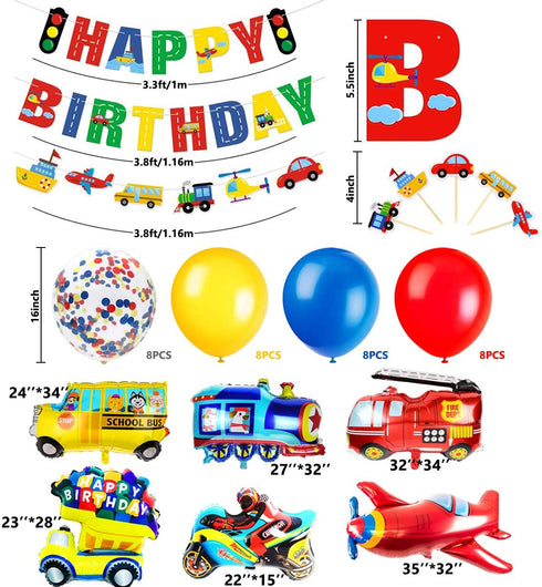 MOVINPE Transportation Birthday Decoration for Boys Happy Birthday Banner Cars School Bus Train Fire Truck Motorcycle Plane Foil Balloons Transport Vehicles Cake Topper Kids 2nd Birthday Decor