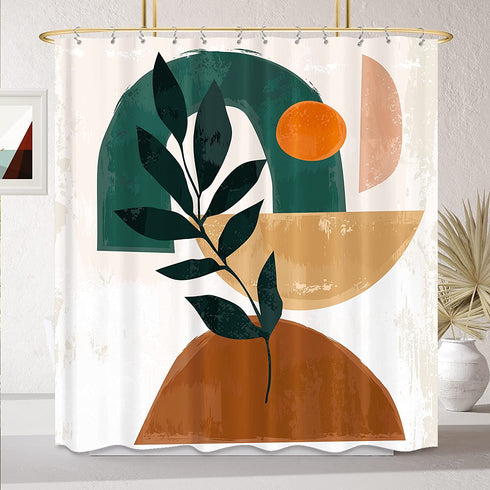 KOMLLEX Abstract Boho Mid Century Shower Curtain 60Wx72H Inch Fabric Modern Terracotta Green Shower Curtain Aesthetic Plant Eucalyptus Sun Rainbow Bathroom Set Minimalist Geometric Women Bathtub Decor