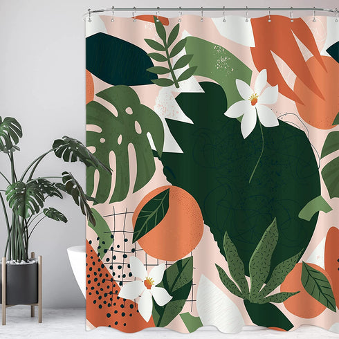 KOMLLEX Abstract Orange Floral Shower Curtain Set 60Wx72H Inch Modern Tropical Fruit Plant Shower Curtain Cute Citrus Aesthetic Spring Flower Bathroom Accessories Women Girl Palm Leaf Bathtub Decor