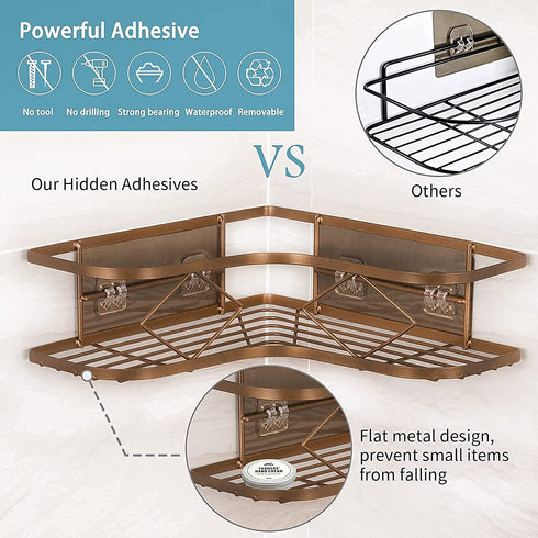 Kadolina 2 Pack Adhesive Corner Shower Caddy Shelf, Bathroom Shower Organizer Shelves, No Drilling Rustproof Wall Mounted Shower Storage Basket Shampoo Holder Organizer Shower Accessories Rack (Bronze)