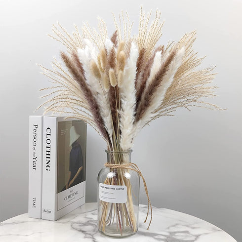 Total 75Pcs Natural Dried Pampas Grass Decor 17Inch,15Pcs White Pampas,15Pcs Brown Pampas,15Pcs Fluffy Bunny Tails Pampas Grass,30Pcs Reed Grass, for Flower Arrangements Boho Wedding Home Decor