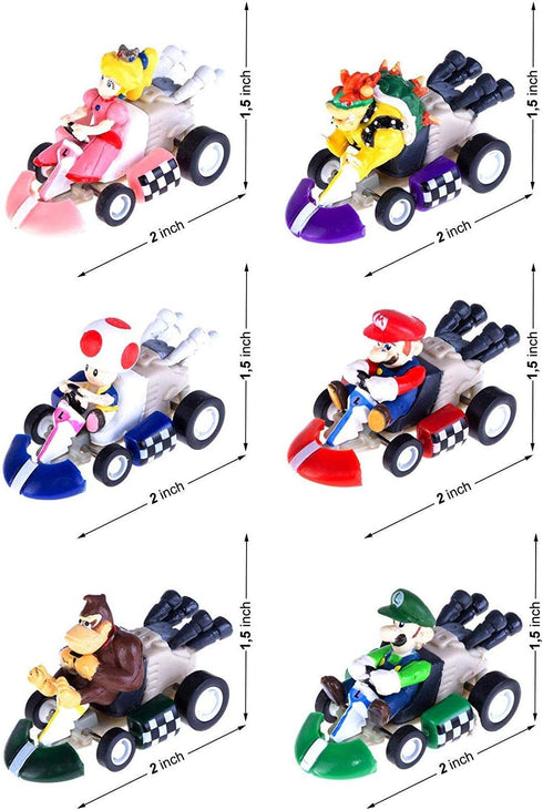 6 Pcs Mini Mario Kart Pull Back Cars Cake Topper Figures Toy Set (2")-Kids Birthday Party Cake Decoration Supplies