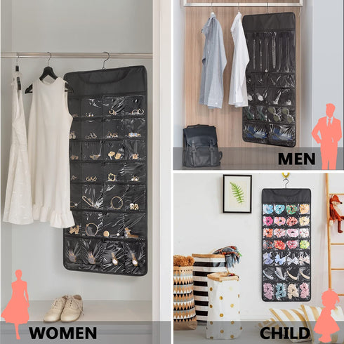 FOREGOER Hanging Jewelry Organizer with Zipper Pocket Double Sided 43 Pockets Large Necklace Earring Accessory Holder Organizer(Black)