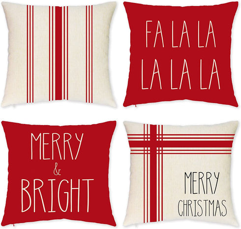 Christmas Pillow Covers 18x18 Inches Set of 4 Red Ticking Striped Merry Christmas Falala Merry&Bright Cushion Case Decoration for Sofa Couch Holiday Decor