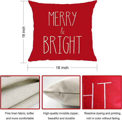 Christmas Pillow Covers 18x18 Inches Set of 4 Red Ticking Striped Merry Christmas Falala Merry&Bright Cushion Case Decoration for Sofa Couch Holiday Decor