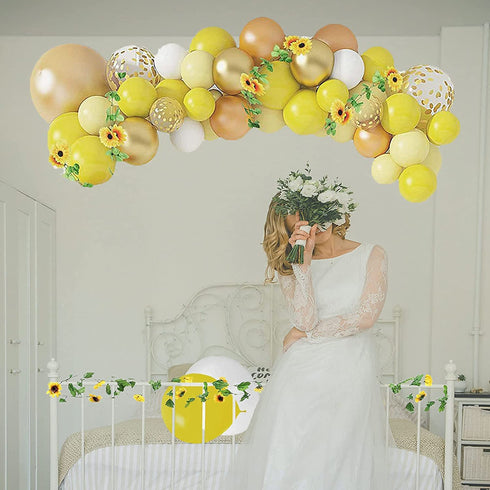 LEVSUPTY 108Pcs Sunflower Yellow Balloons Garland Arch Kit, Yellow White Gold Confetti Latex Balloons and Sunflower Vine for Baby Shower Sunflower Birthday Bee Theme Party Wedding Decorations