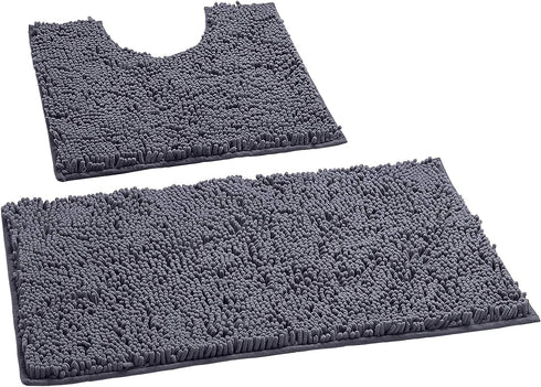 Bathroom Rugs Sets 2 Piece, Luxury Chenille Bath Mat Set, Soft Plush Anti-Slip Bath Rugs + U Shape Contoured Gray Bathroom Rugs.1'' Microfiber Shaggy Carpet, Super Absorbent, Dark Grey.