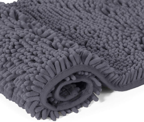 Bathroom Rugs Sets 2 Piece, Luxury Chenille Bath Mat Set, Soft Plush Anti-Slip Bath Rugs + U Shape Contoured Gray Bathroom Rugs.1'' Microfiber Shaggy Carpet, Super Absorbent, Dark Grey.