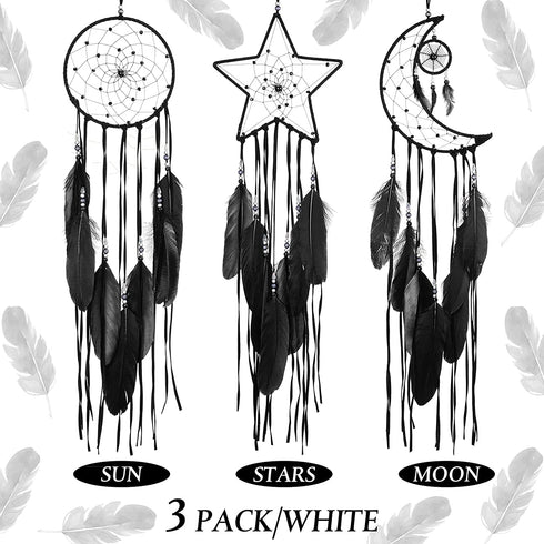3 Pieces Dream Catcher Moon Sun Star Design Handmade Traditional Design for Wall Hanging Home Decoration (Black)