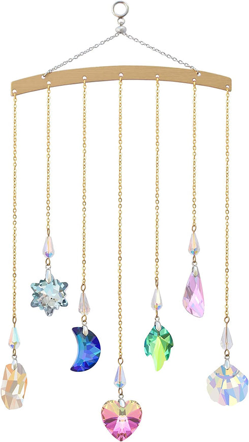 Crystal Ornament Wall Decor, Shining Colourful Crystal Pendants with Stainless Steel Chain Boho Home Decoration for Bedroom Living Room Apartment (Gold)