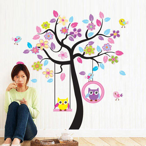 Owl Tree Wall Stickers Decals,Owl On Tree Branch Wall Decals,Animal Jungle Theme Wall Art Vinyl Wall Stickers for Nursery Kids Room Decor