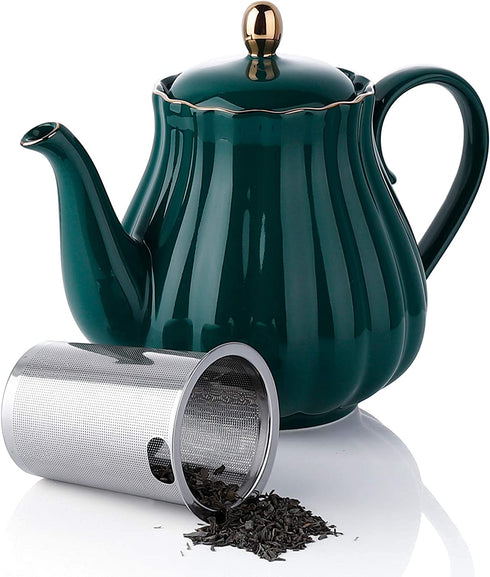 Amazingware Royal Teapot, Porcelain Tea Pot with Stainless Steel Infuser, with a Filter for Loose Tea, Pumpkin Fluted Shape - 28 oz, Dark Green