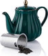 Amazingware Royal Teapot, Porcelain Tea Pot with Stainless Steel Infuser, with a Filter for Loose Tea, Pumpkin Fluted Shape - 28 oz, Dark Green