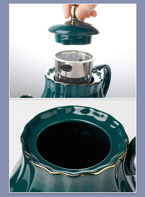 Amazingware Royal Teapot, Porcelain Tea Pot with Stainless Steel Infuser, with a Filter for Loose Tea, Pumpkin Fluted Shape - 28 oz, Dark Green