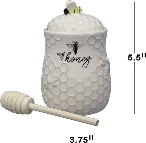 Young's Inc. Ceramic Honey Jar with Wooden Honey Dipper - Farmhouse Kitchen Decor - Tea Accessories