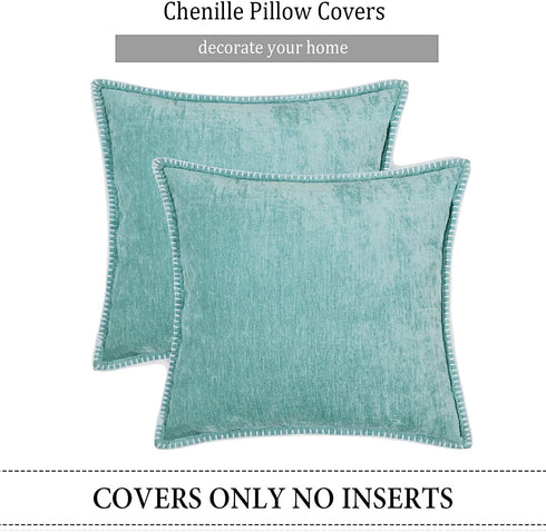 decorUhome Aqua Haze Decorative Throw Pillow Covers 20x20 Inch Set of 2, Farmhouse Chenille Pillow Covers, Velvet Trimmed Edge Pillow Cases for Couch Sofa