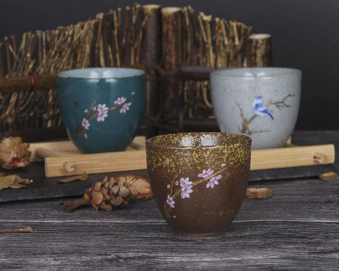 VanEnjoy Sef of 5 Hand-Drawn Traditional Chinese Ceramic Teacup Tea Cups, Floral and Bird Pattern,Bulk Teacup in Gift Box