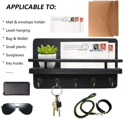 Key Holder and Mail Shelf Wall Mounted, Decorative Wall Mail Organizer with Shelf, Wood Hanging Mail Sorter Shelf with 5 Key Hooks, 100% Pine Wood Letter, Bill and Newspaper Storage Shelf (Black)
