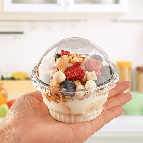 Zezzxu 50 Pack 8oz Clear Plastic Cups with No Hole Dome Lids and Sporks Disposable Dessert Cups Mini Snack Bowls for Parfait, Ice Cream, Fruit, Cupcakes, Pudding