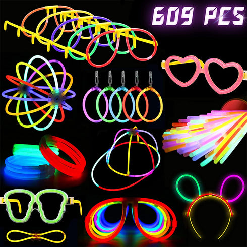 KarberDark Glowstick, (609 Pcs Total) 240 Glow Sticks Bulk 7 Colour and Connectors for Caps Bracelets Necklaces Balls Eyeglasses and More, Light up Toy Glow in The Dark Stick for Kid Party Birthday