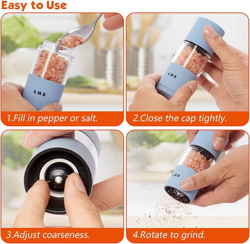 LHS Premium Salt and Pepper Grinder Set, Stainless Steel Salt Pepper Shakers Set, Refillable Refillable Spice Mills with Adjustable Coarseness for Kitchen Use - 4.6 Inches(Set of 2, Blue & Orange)