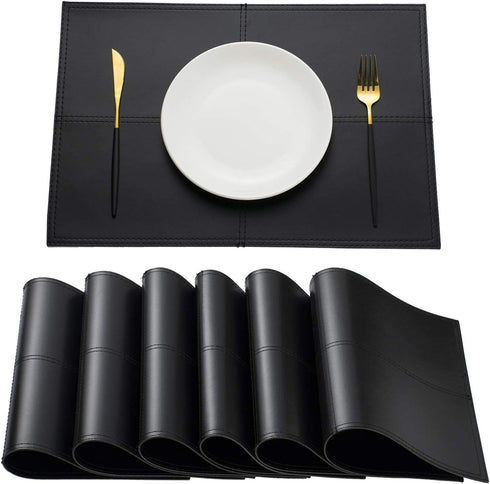 AHHFSMEI Faux Leather Placemats for Dining Table Waterproof Rectangle Place mats Luxury Decor Table Mats Double Faced Set of 6 (Black)