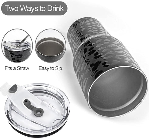 30oz Tumbler Stainless Steel Insulated Travel Mug with Straw Lid Cleaning Brush (Black Leopard)
