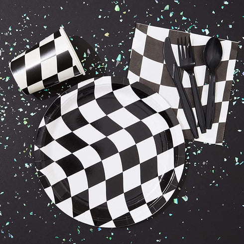 Racecar Dinnerware Set for Kid's Birthday Party, Checkered Design (Serves 24, 144 Pieces)