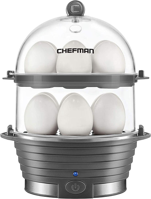 Chefman Electric Egg Cooker Boiler, Rapid Egg-Maker & Poacher, Food & Vegetable Steamer, Quickly Makes 12 Eggs, Hard or Soft Boiled, Poaching and Omelet Trays Included, Ready Signal, BPA-Free, Grey