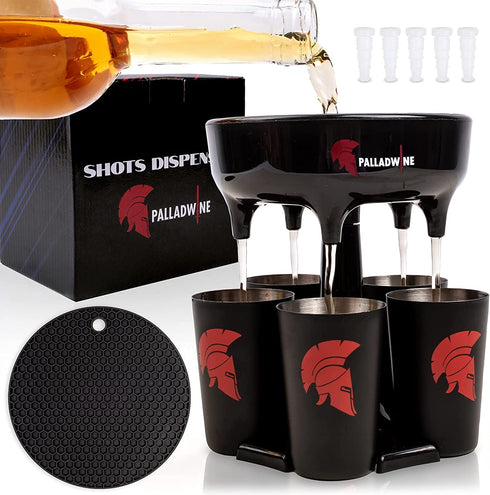Spear Shot Dispenser with 5 Glasses Pack Premium Quality Hard Plastic Liquid Pourer and Holder - Durable Stainless Steel Glass Smart Gadget Multiple Shots for Party Fiesta Holiday with Family Friends