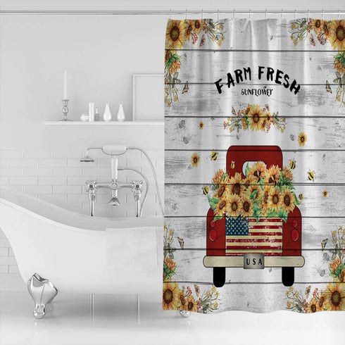ZOE GARDEN Shower Curtain Set with Hook 36" x 78", Farm Sunflower Red Truck and Bees Retro Wood Board | Bathroom Decor Waterproof Polyester Fabric Bathroom Accessories Bath Curtain