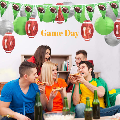 UNIQOOO 29Pcs American Football Paper Lantern Party Decoration Banner Flags, Assorted Sports Lanterns Set, Large 12 Inch 10, 8'', Super Game Day Kids Birthday Party Favor, Reusable Easy Assemble