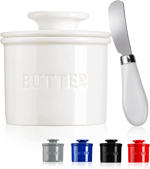 Warome Butter Crock with Knife,4.5OZ White Butter Keeper with Water Line/French Butter Dish/Butter Storage/Butter Dish with Lid ,Ceramic Butter Container, Keep the Butter Fluffy & Fresh