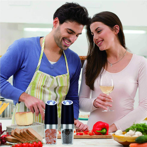 Pepper Grinder, Gravity Electric Pepper Mill, Battery Operated Automatic Salt Mill with Blue LED Light, One Handed Operation, Adjustable Coarseness, Black?Including Stainless Steel Spoon?