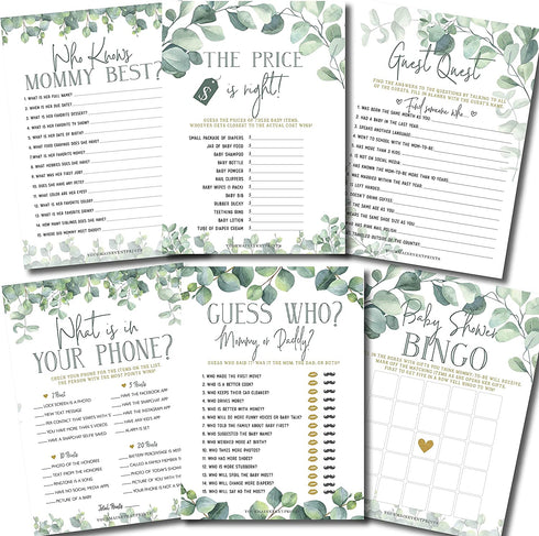 Baby Shower Games (Set of 6 Fun Activities for 25 Guests), Neutral Greenery Floral Eucalyptus Theme For Boy or Girl