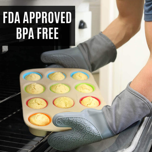 HOMWE Silicone Oven Mitts and Pot Holders, 4-Piece Set, Heavy Duty Cooking Gloves, Kitchen Counter Safe Trivet Mats, Advanced Heat Resistance, Non-Slip Textured Grip, Gray